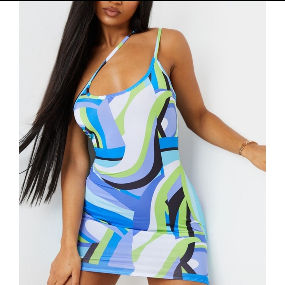 Blue Abstract One Shoulder Dress